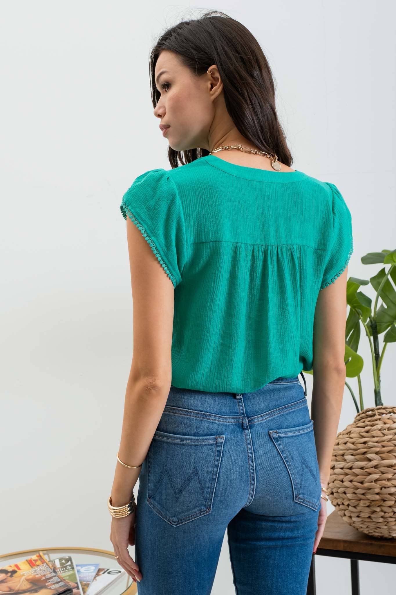 SPLIT NECK PETAL TASSEL SLEEVE BLOUSE