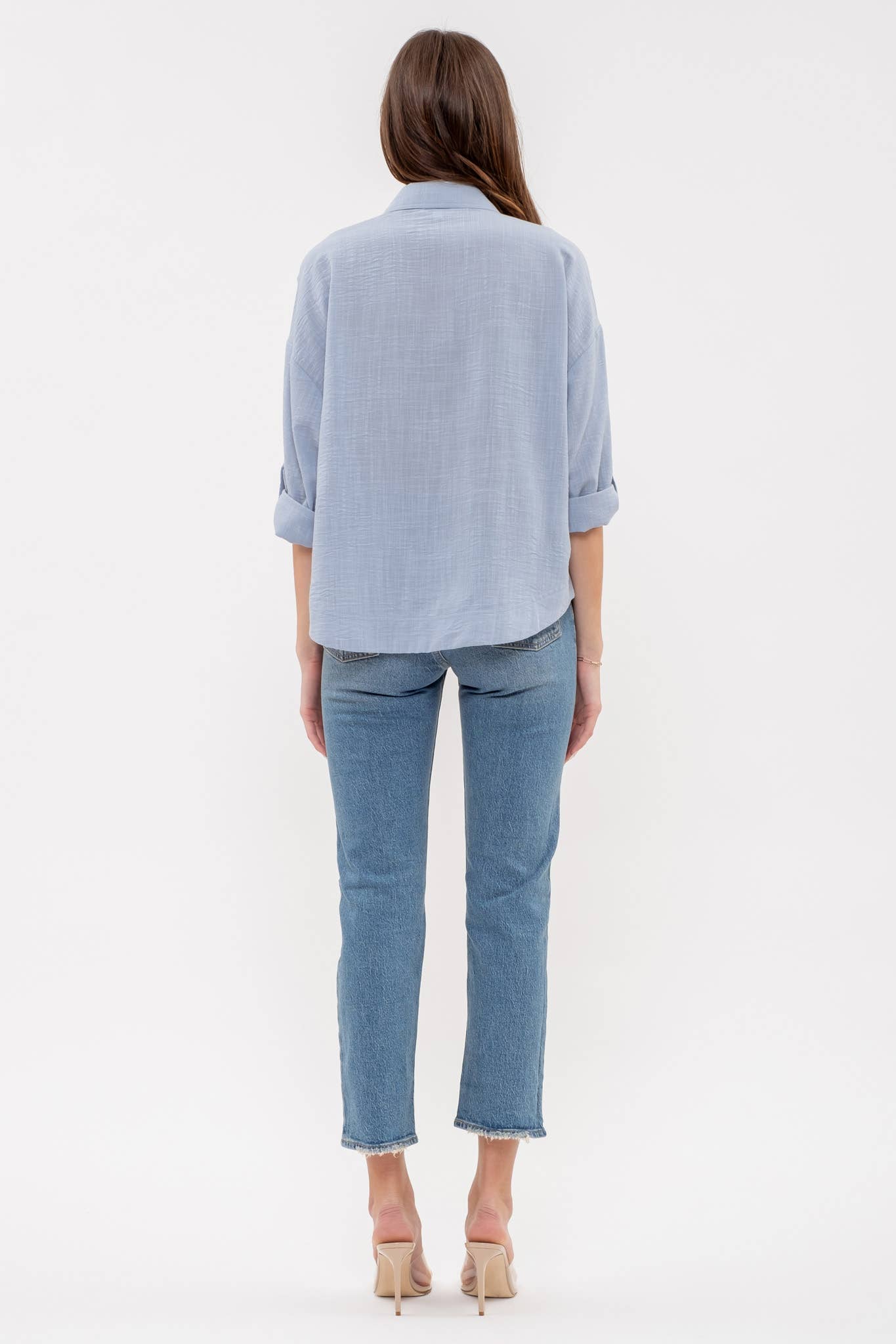 BLUE 3/4 SLEEVE BUTTON DOWN