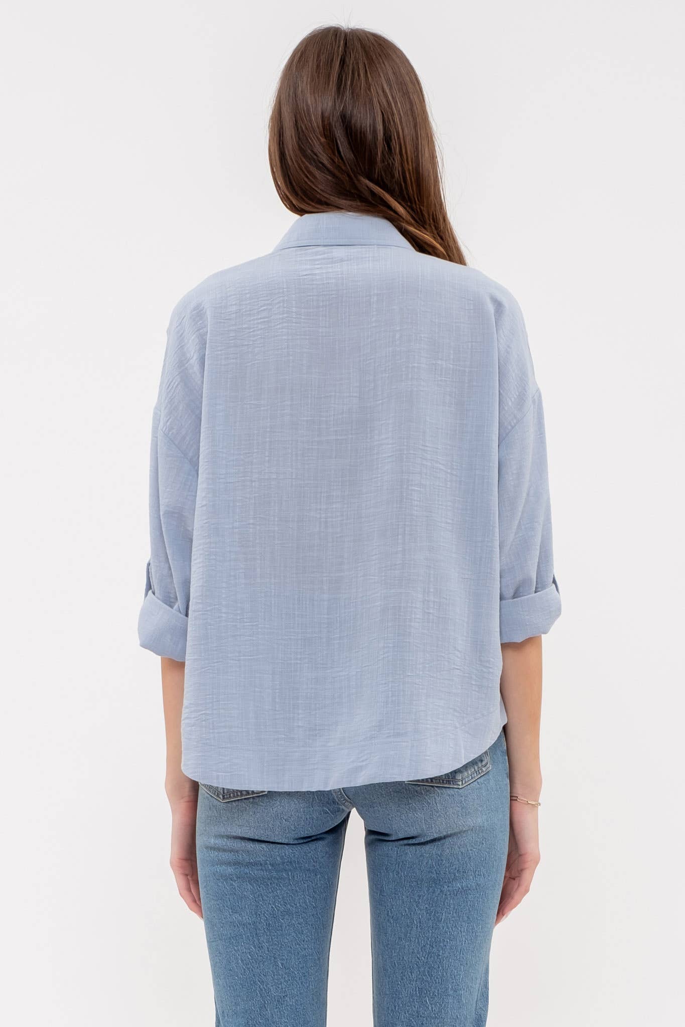 BLUE 3/4 SLEEVE BUTTON DOWN