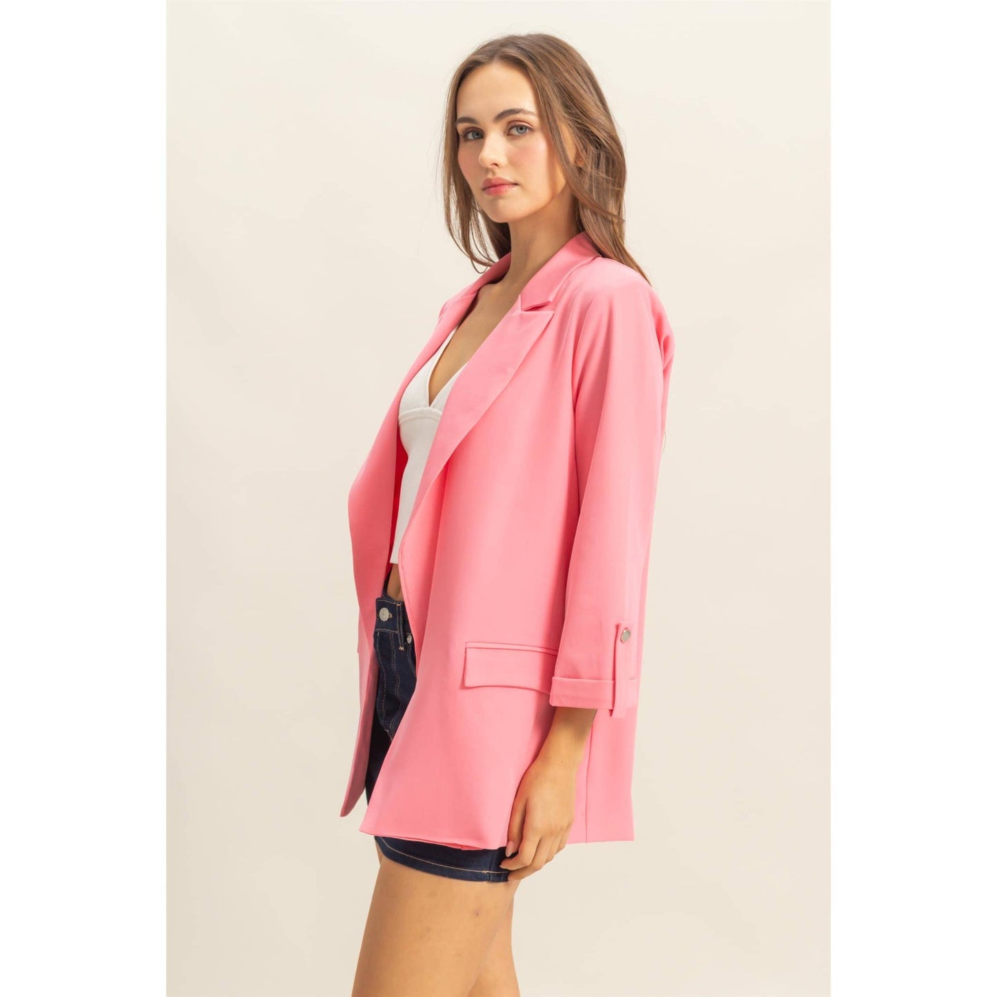 Pink Three Quarter Sleeve Blazer