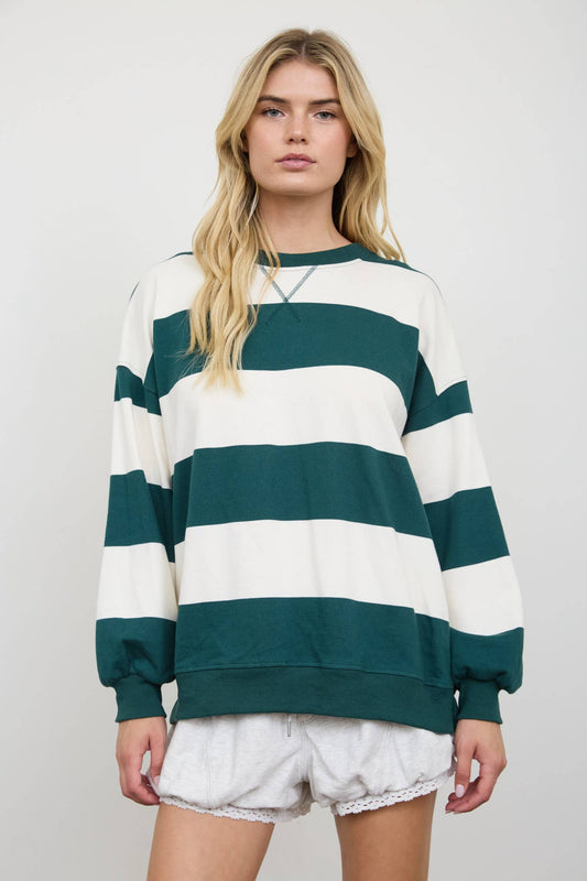 GREEN WIDE STRIPE CREW NECK