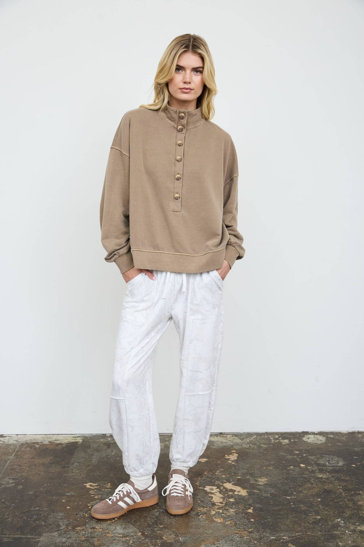 TAN MOCK NECK HENLEY LONG TOP