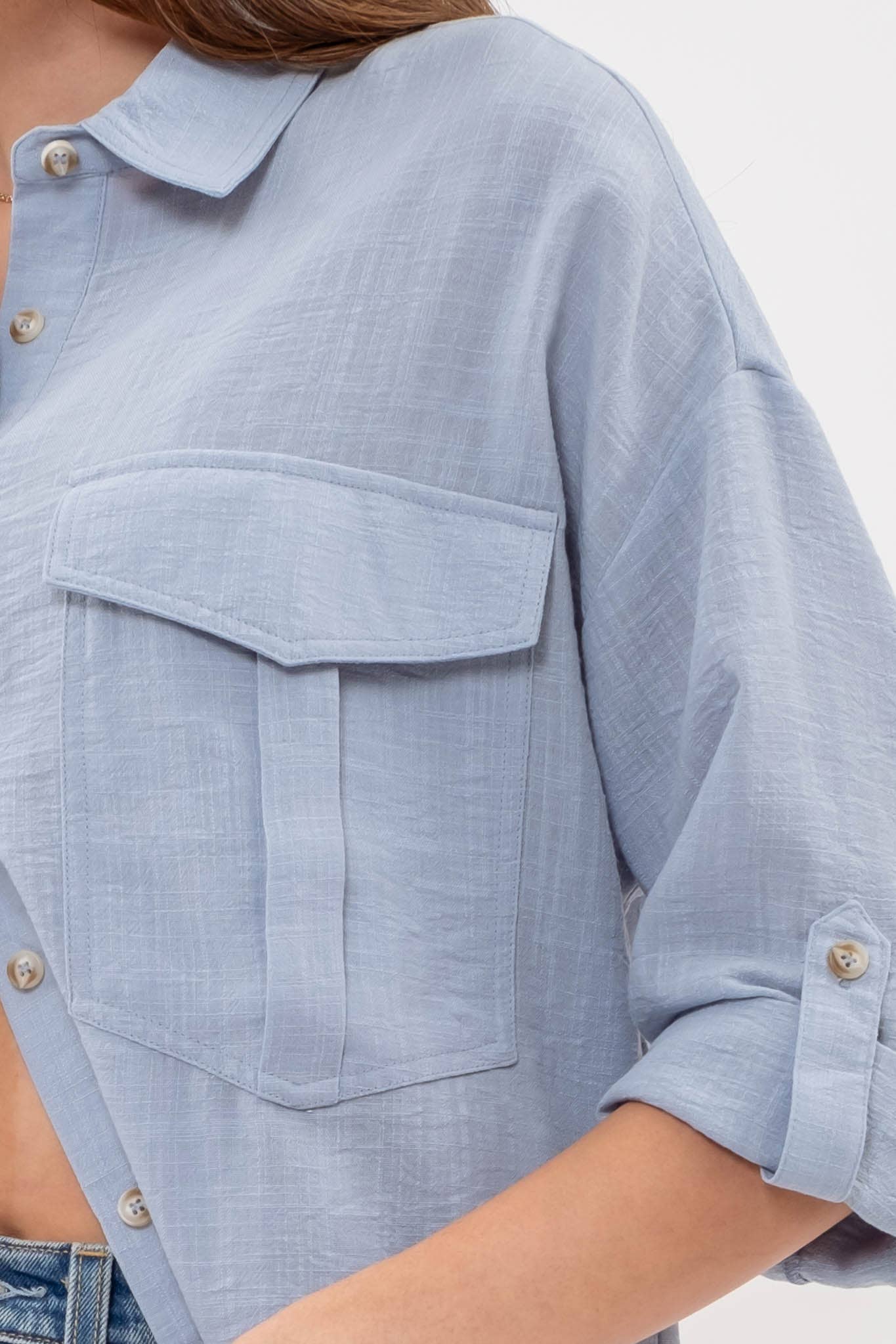 BLUE 3/4 SLEEVE BUTTON DOWN