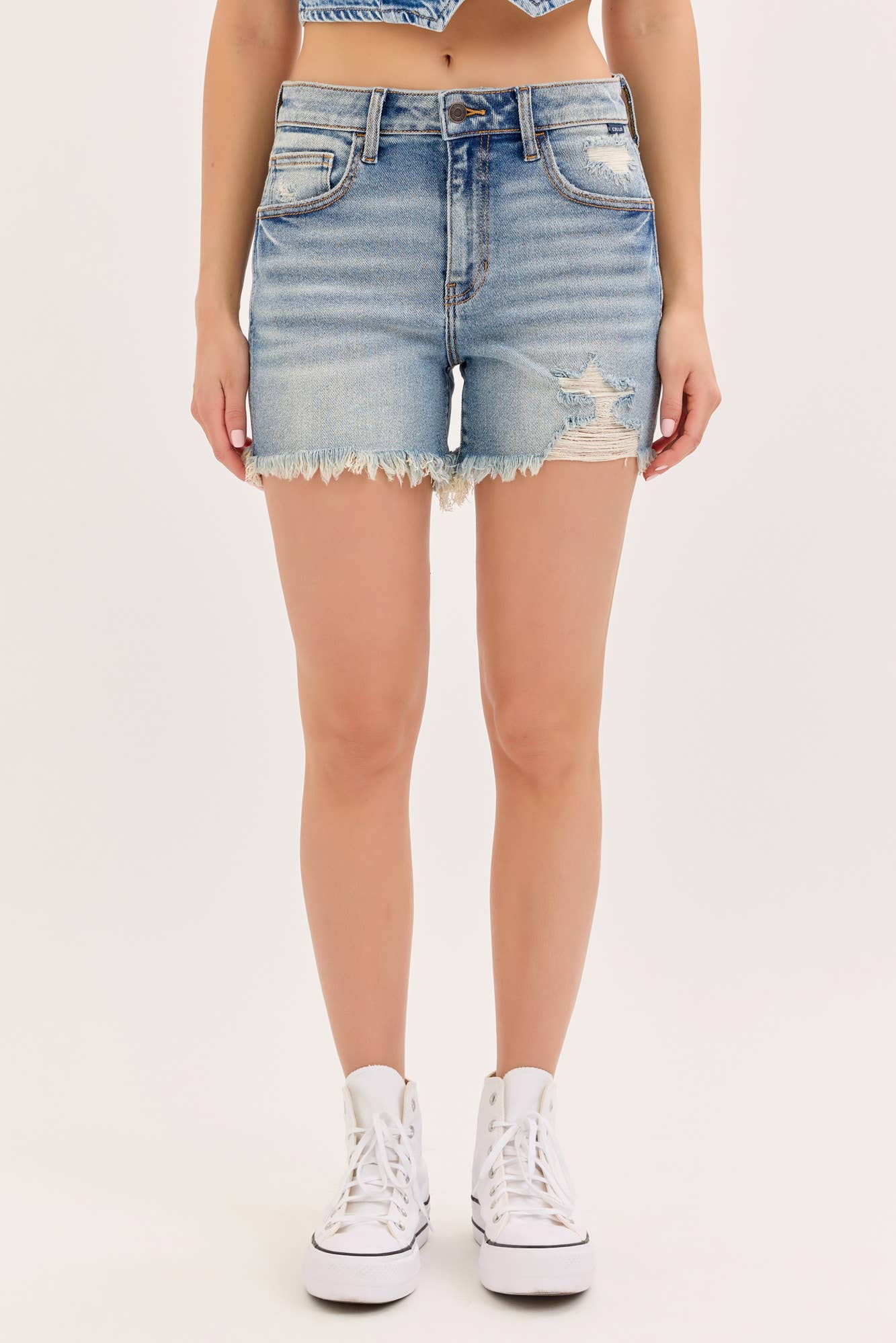 Mid Rise Frayed Hem Shorts