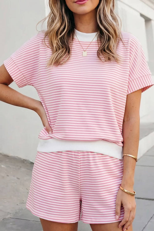 Pink Striped Mock Neck Shorts Set