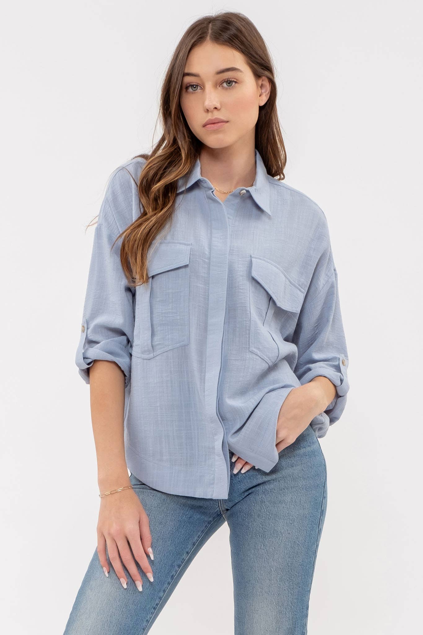 BLUE 3/4 SLEEVE BUTTON DOWN