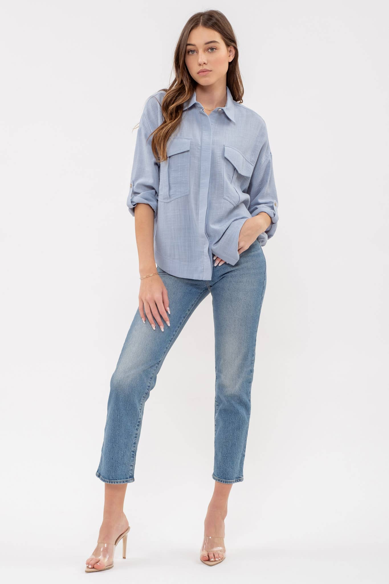 BLUE 3/4 SLEEVE BUTTON DOWN