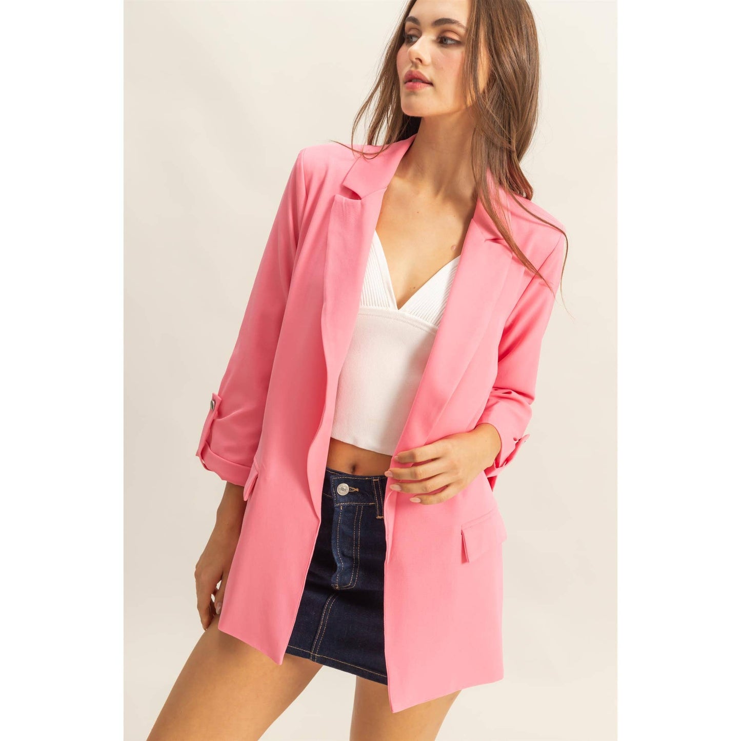 Pink Three Quarter Sleeve Blazer