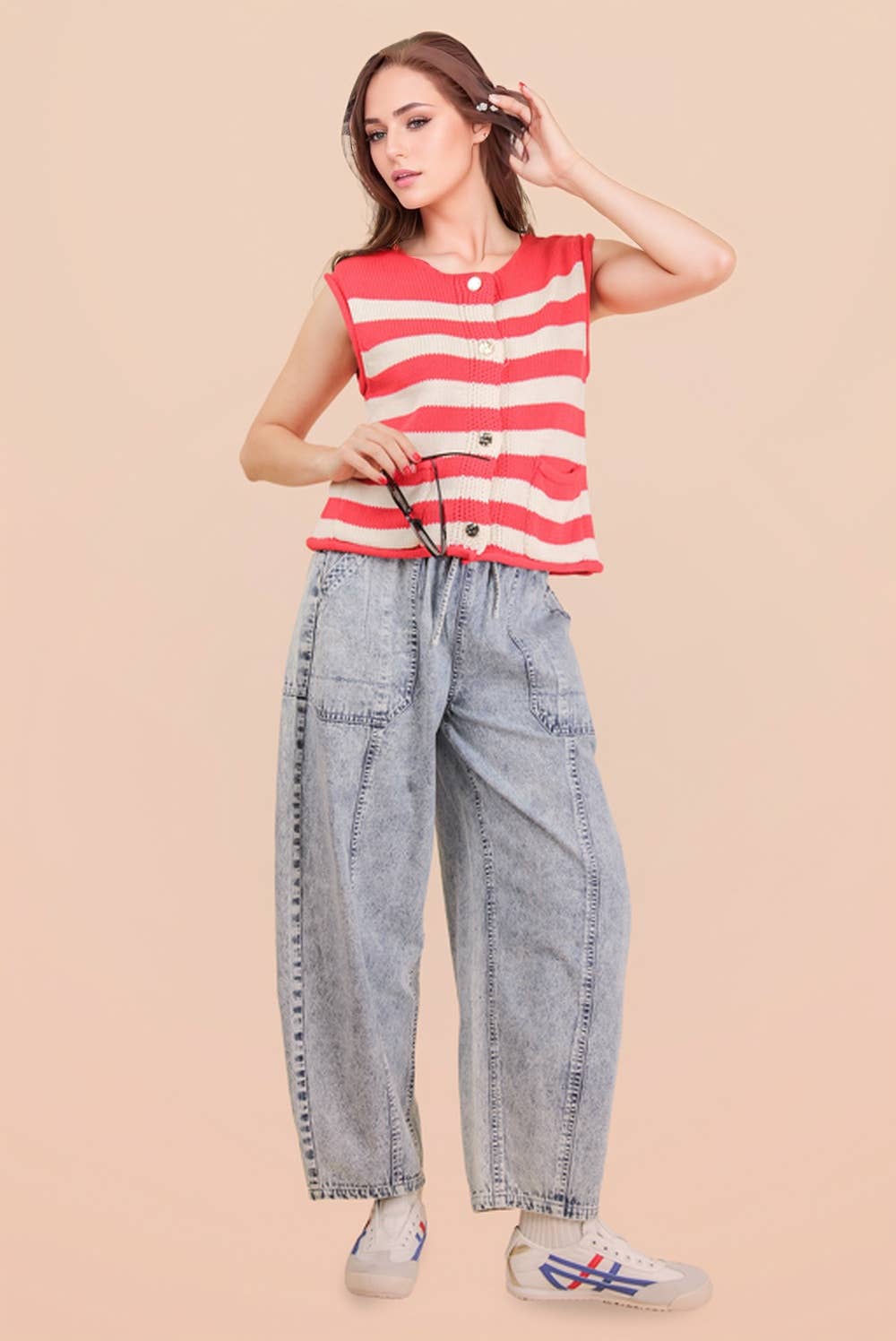 Red Stripe Button Down Knit Sweater Top