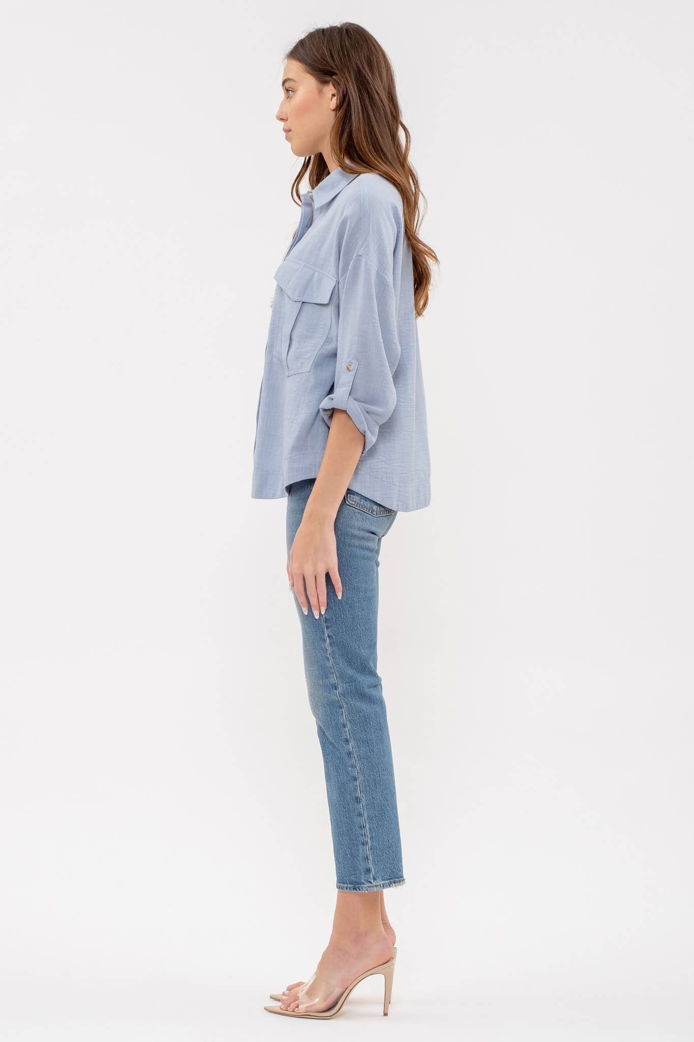 BLUE 3/4 SLEEVE BUTTON DOWN