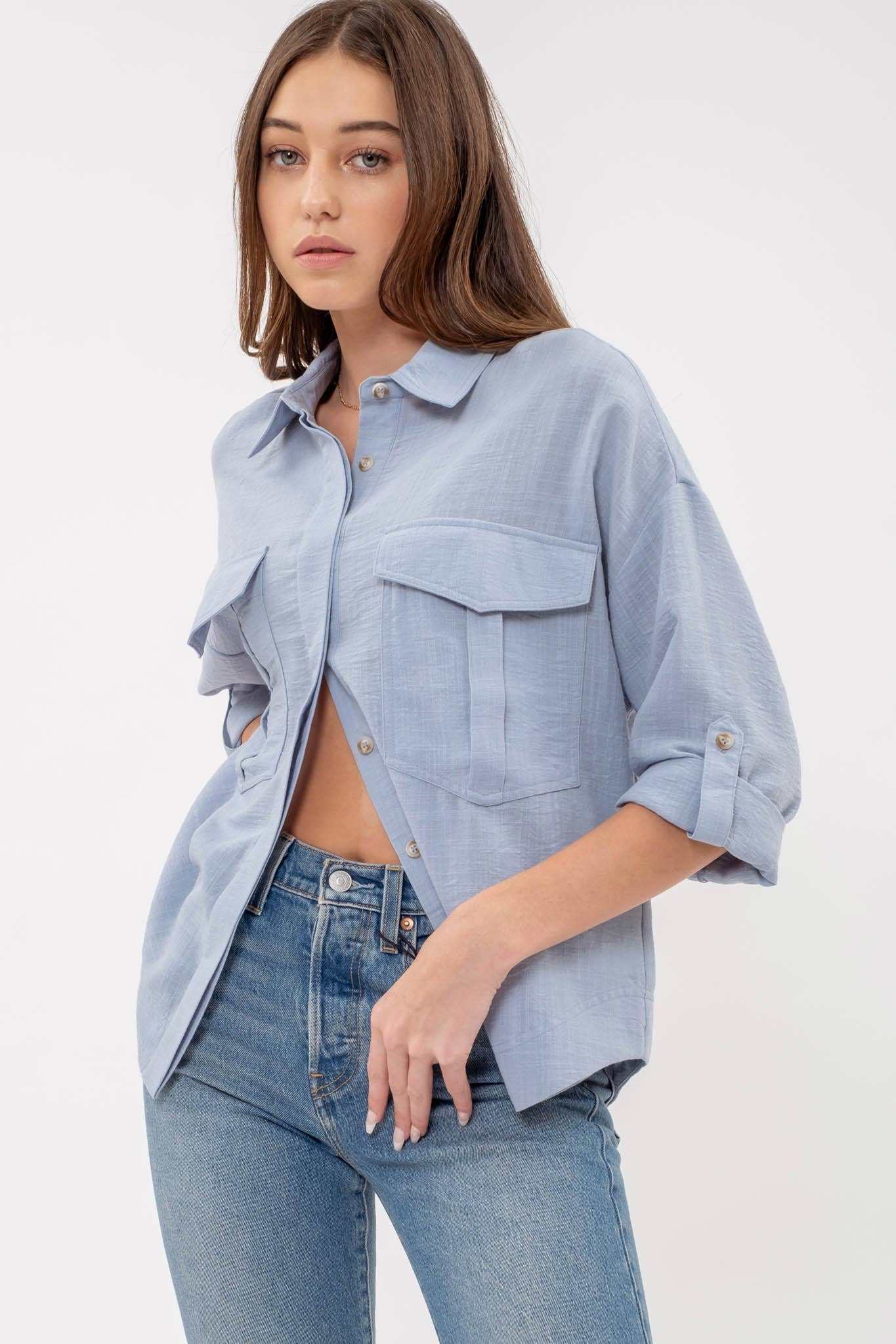 BLUE 3/4 SLEEVE BUTTON DOWN
