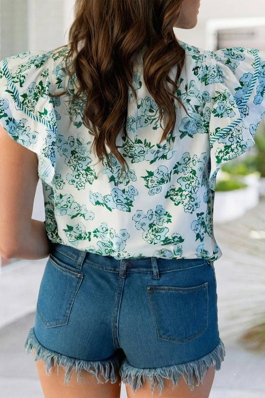 Floral Stripe V Neck Flutter Sleeve Blouse