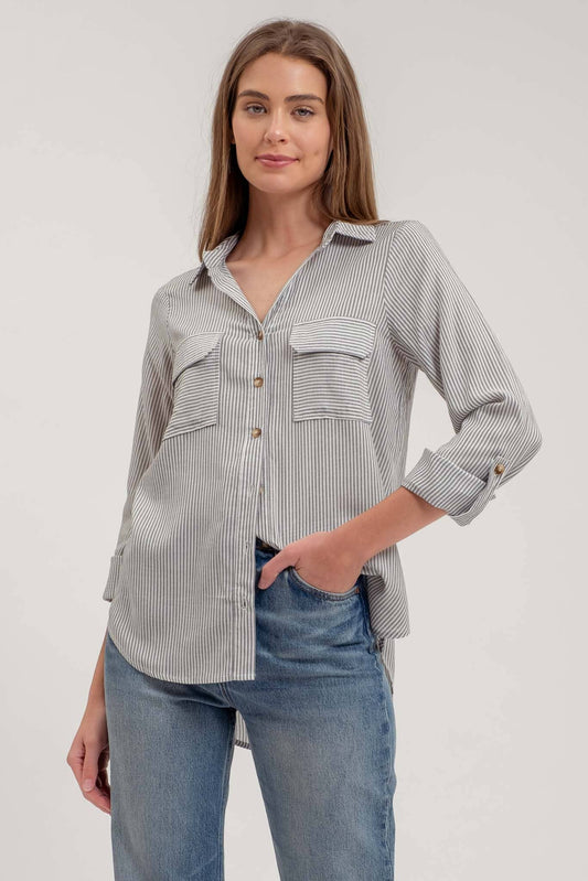 STRIPED BUTTON DOWN-BLACK