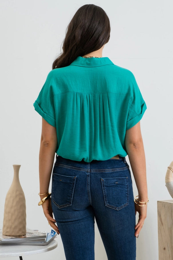 Green Mid Button Down Cuffed Short Sleeve Top