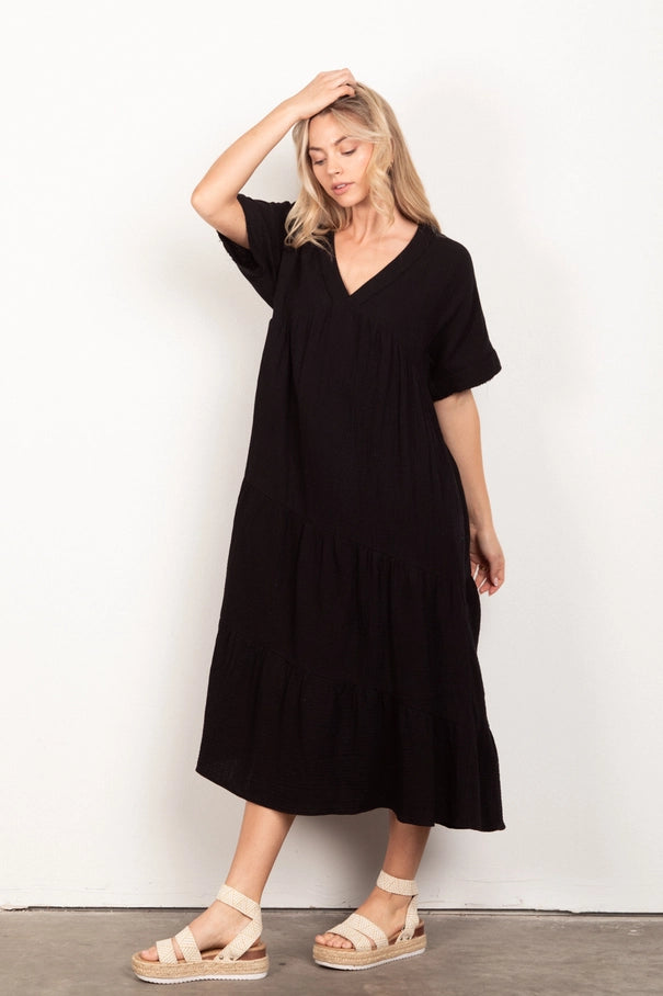 Black Solid Tiered Dress