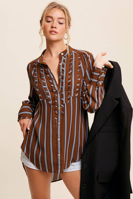 Ruffled Stripe Button-Up Shirt