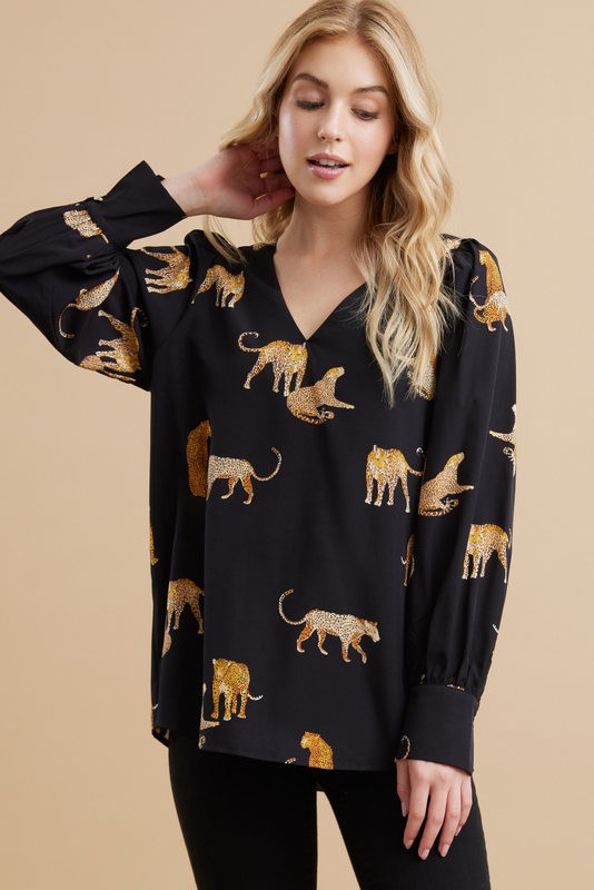 Animal Print Long Puffed Sleeves Top