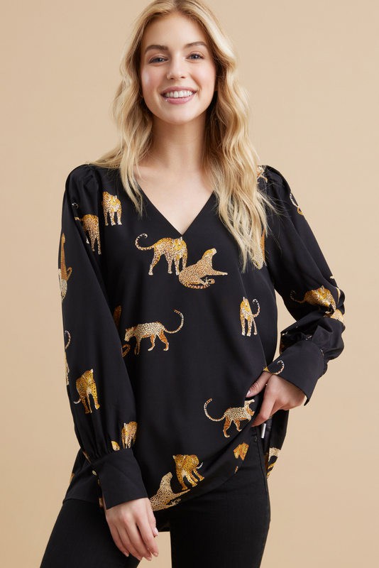 Animal Print Long Puffed Sleeves Top