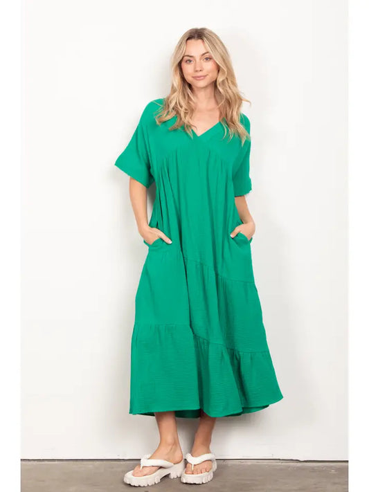 Green Solid Tiered Dress