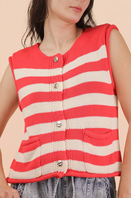 Red Stripe Button Down Knit Sweater Top