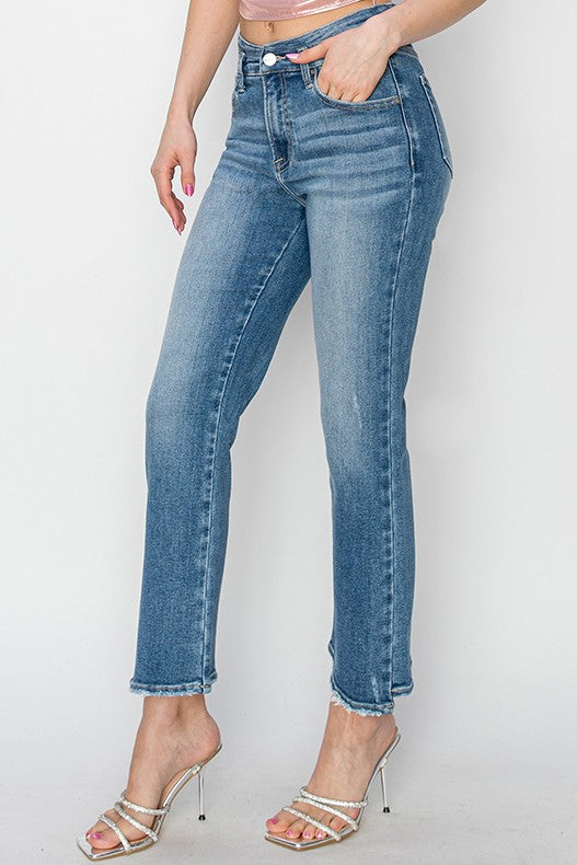 RISEN HIGH RISE SLIM STRAIGHT JEANS