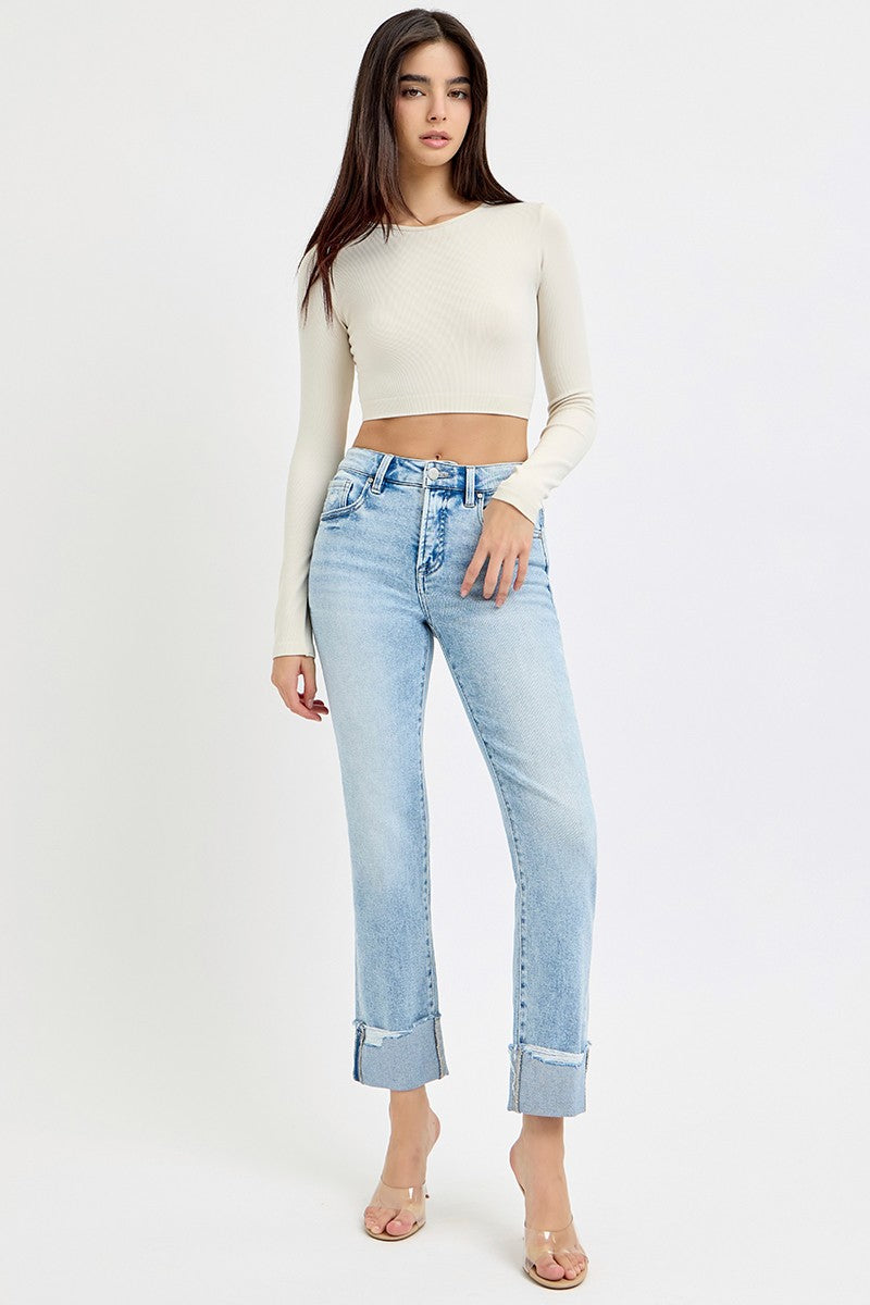 TUMMY CONTROL HIGH RISE CROP STRAIGHT CUFFED JEANS