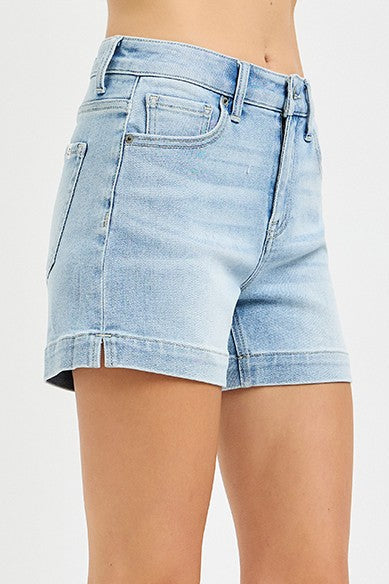 Mom Light Wash High Rise Side Slit Shorts