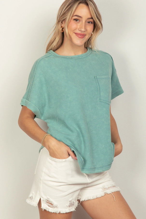 Green Washed Waffle Casual Knit Top