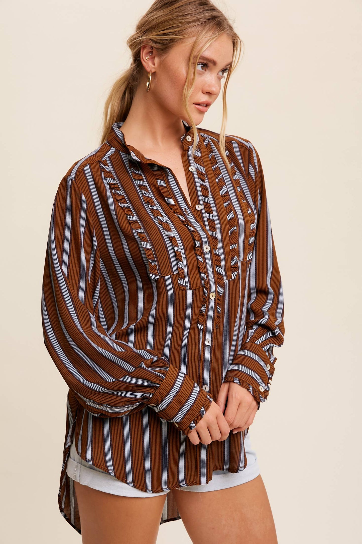Ruffled Stripe Button-Up Shirt