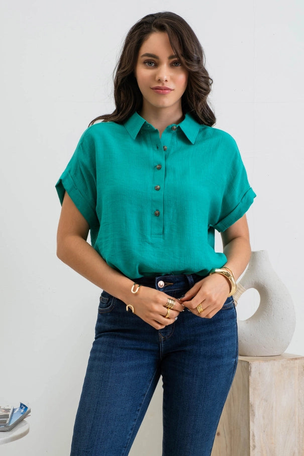 Green Mid Button Down Cuffed Short Sleeve Top