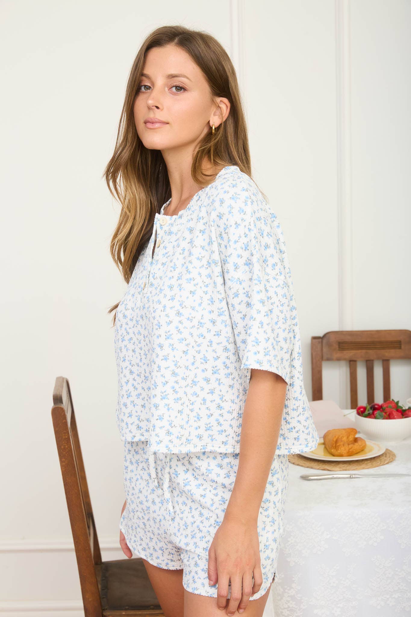 FLORAL SHORT SLEEVE HENLEY KNIT TOP