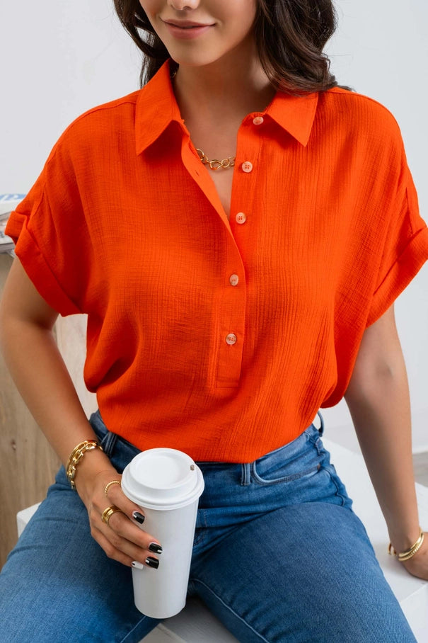 Tomato Red Mid Button Down Cuffed Short Sleeve Top