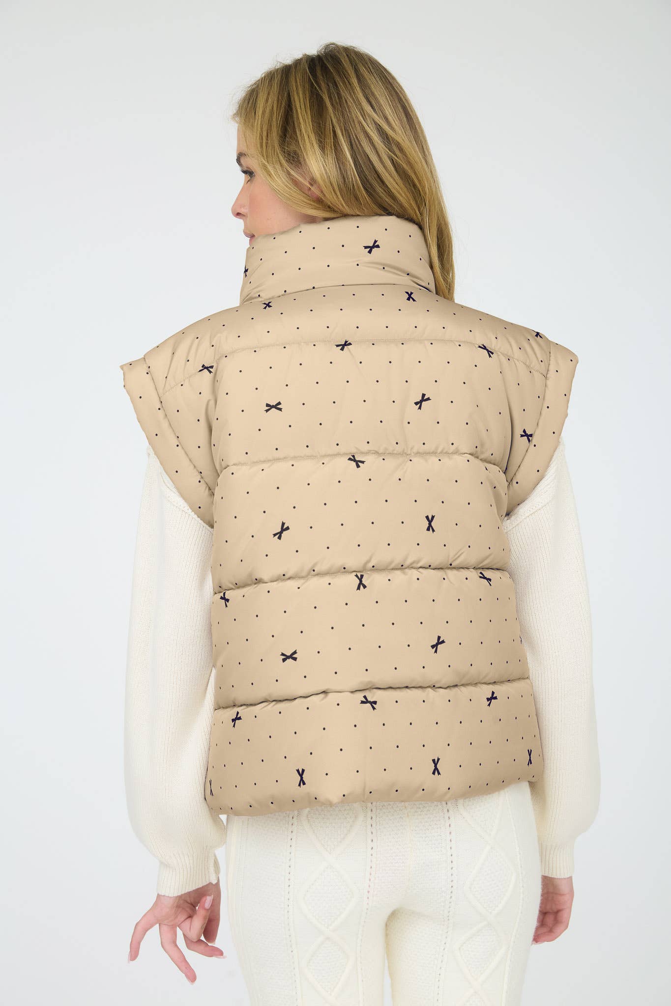 KHAKI BOW ZIP-UP PUFFER VEST