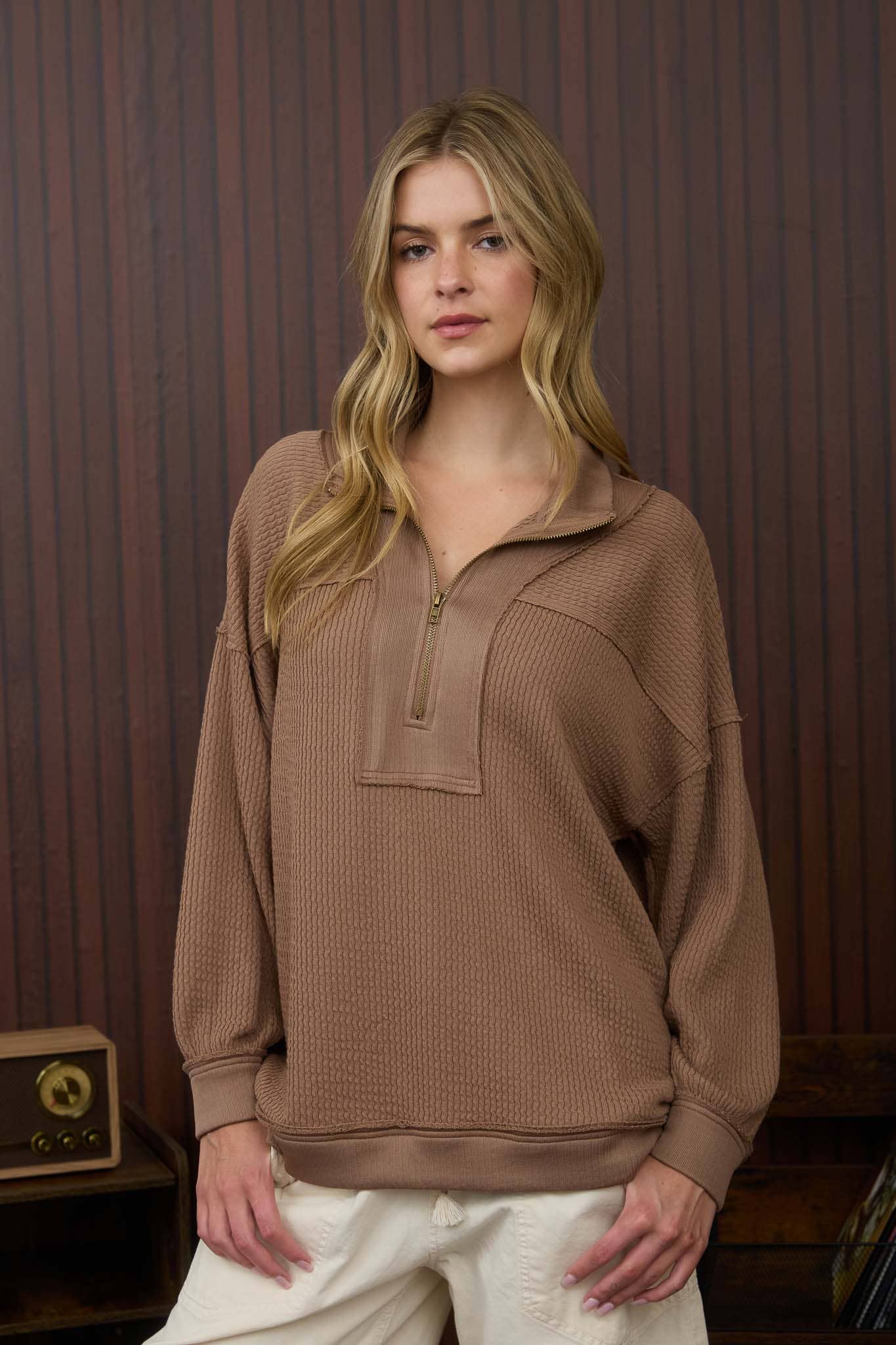 WAFFLE KNIT COLLARED TOP
