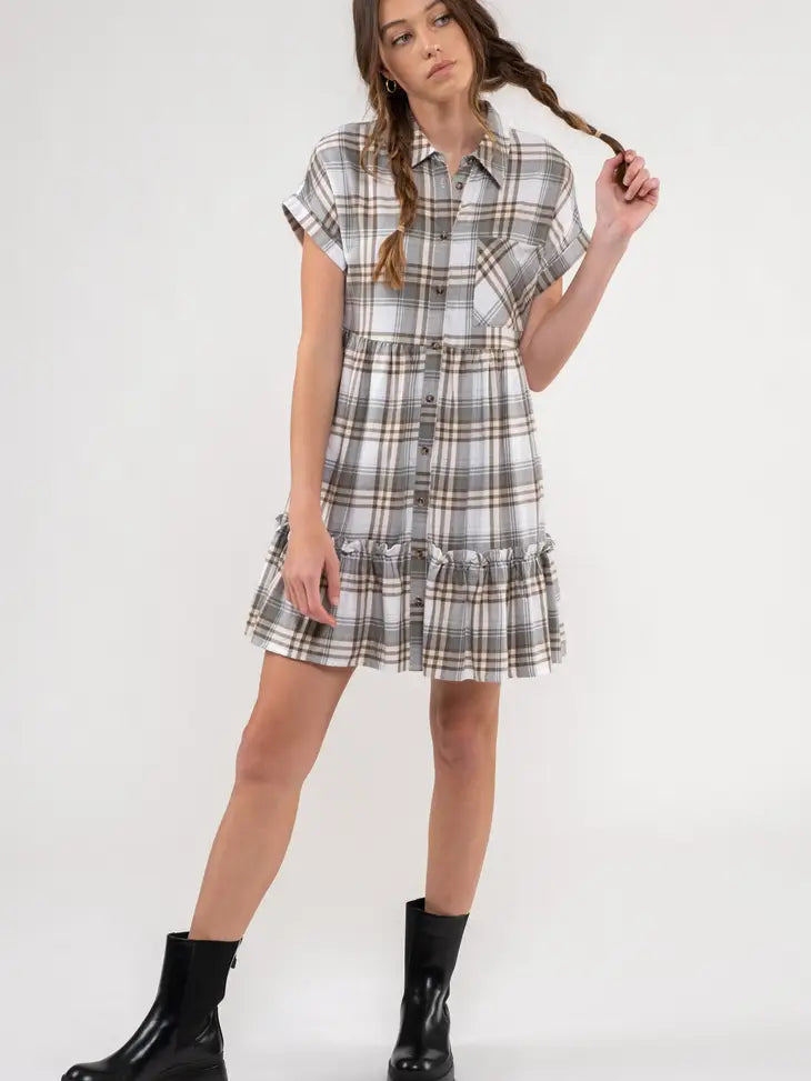 Plaid Ruffle Hem Shirt Dress