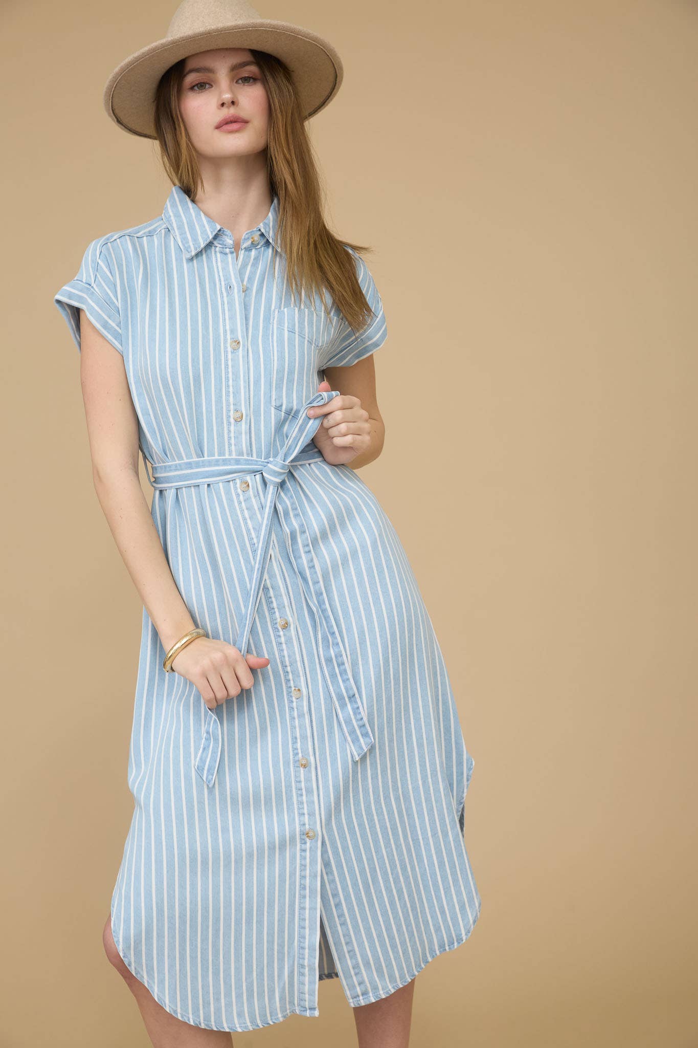 STRIPE CHAMBRAY COLLARED DRESS