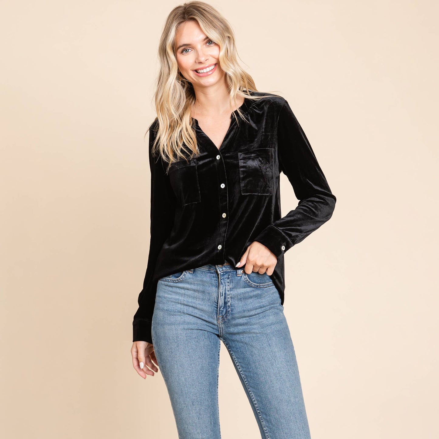 Blk Velvet Button Down