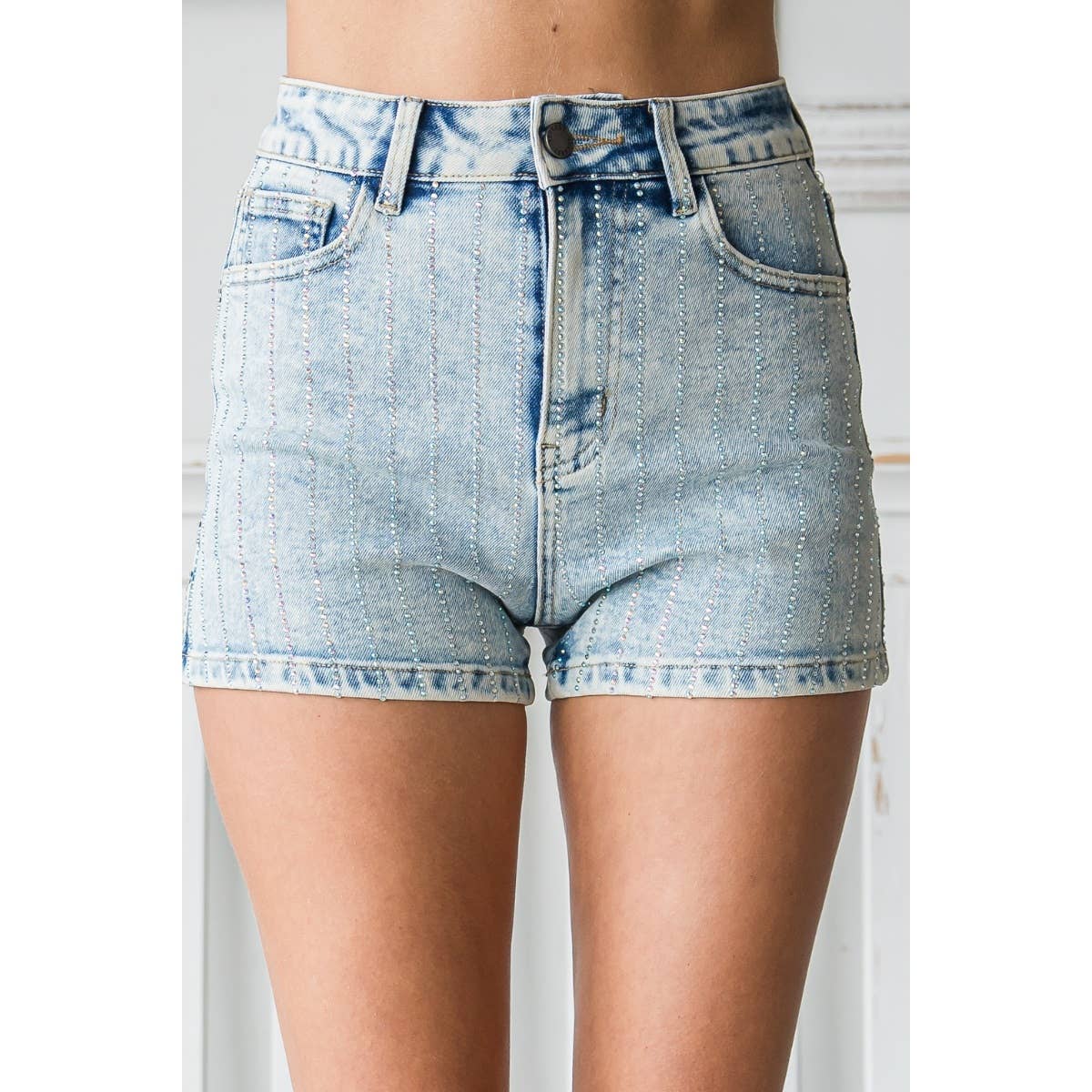 Rhinestone Stripe Shorts: Medium Wash / L