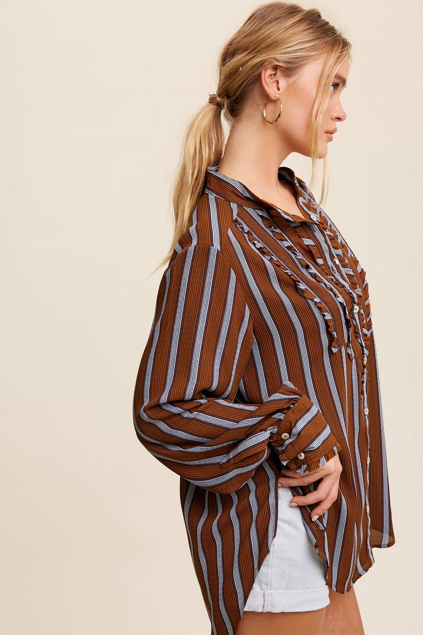 Ruffled Stripe Button-Up Shirt