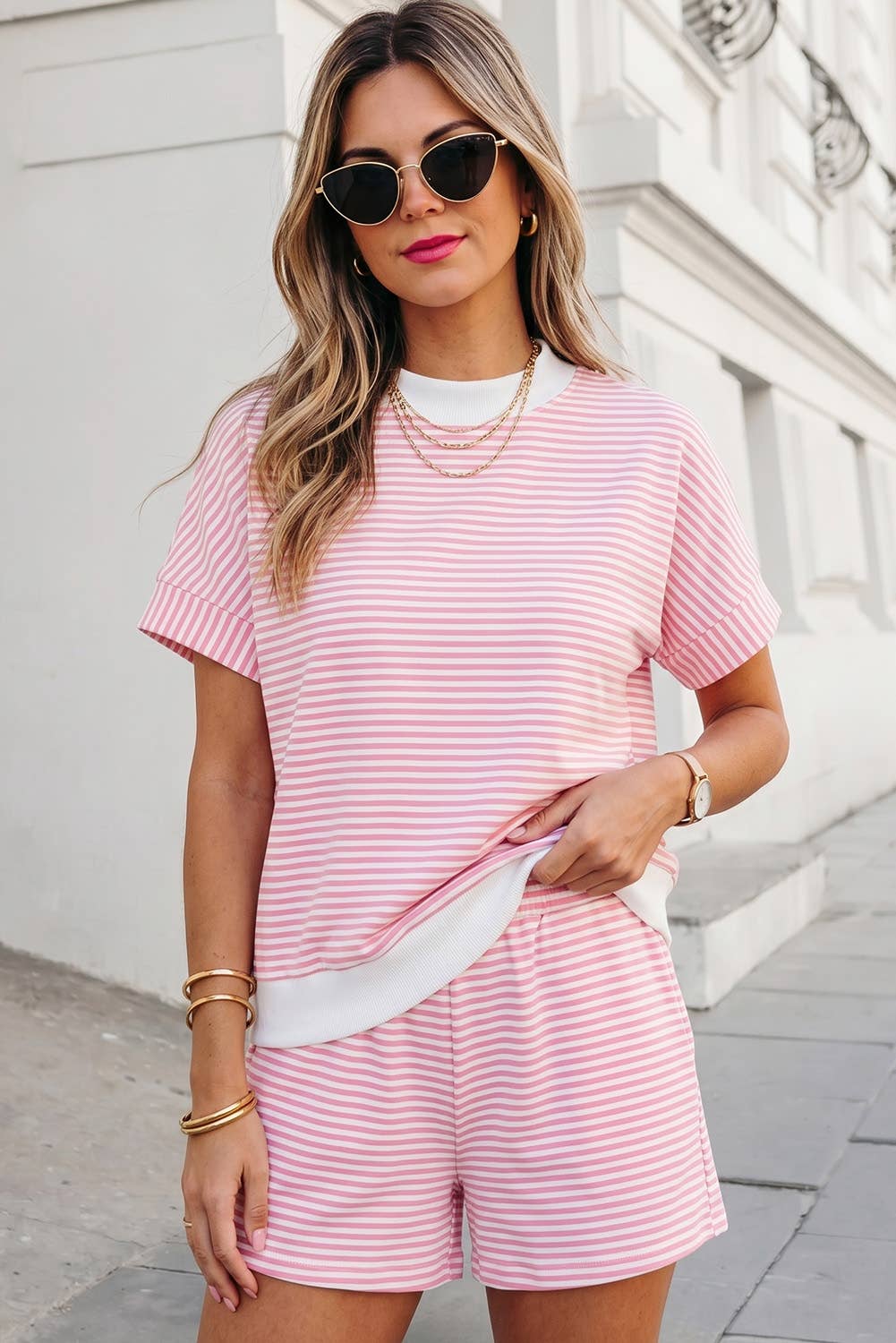 Pink Striped Mock Neck Shorts Set