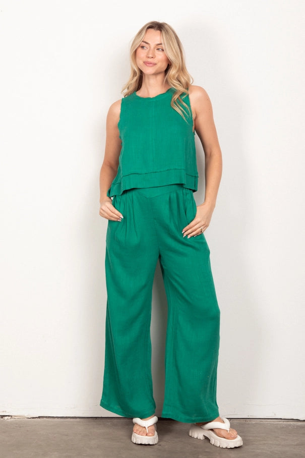 Solid Woven Linen Sleeveless Top & Pants Set