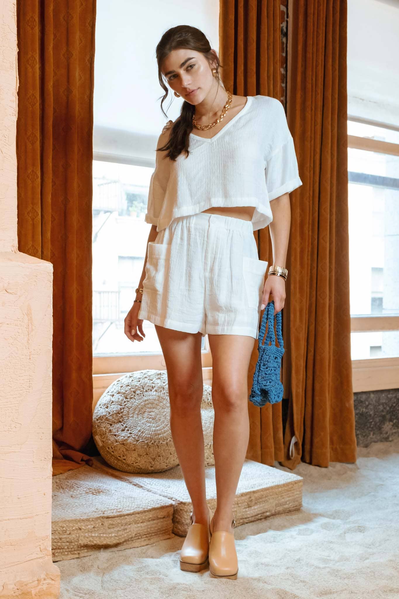 WHITE KNIT SHORTS