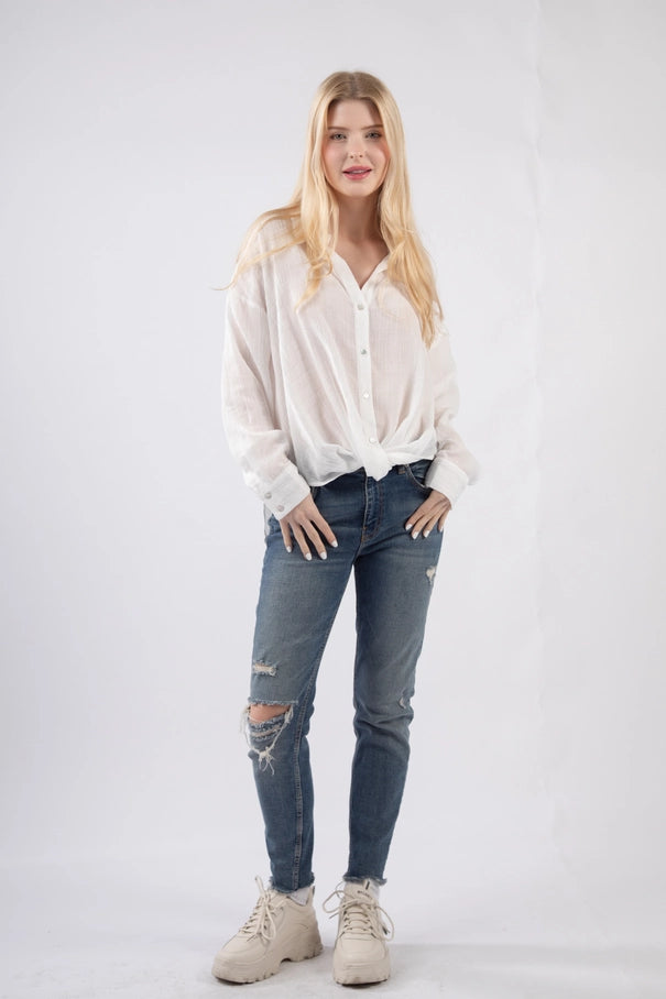 Oversized Sheer Textured Woven Shirt Blouse Top