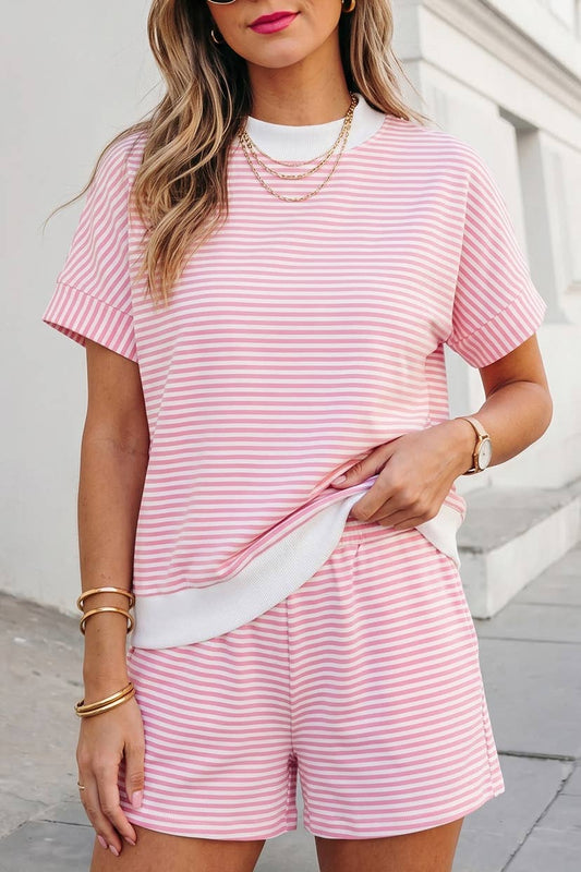 Pink Striped Mock Neck Shorts Set