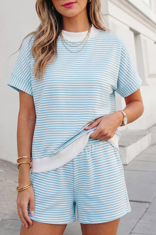 Blue Striped Mock Neck Shorts Set