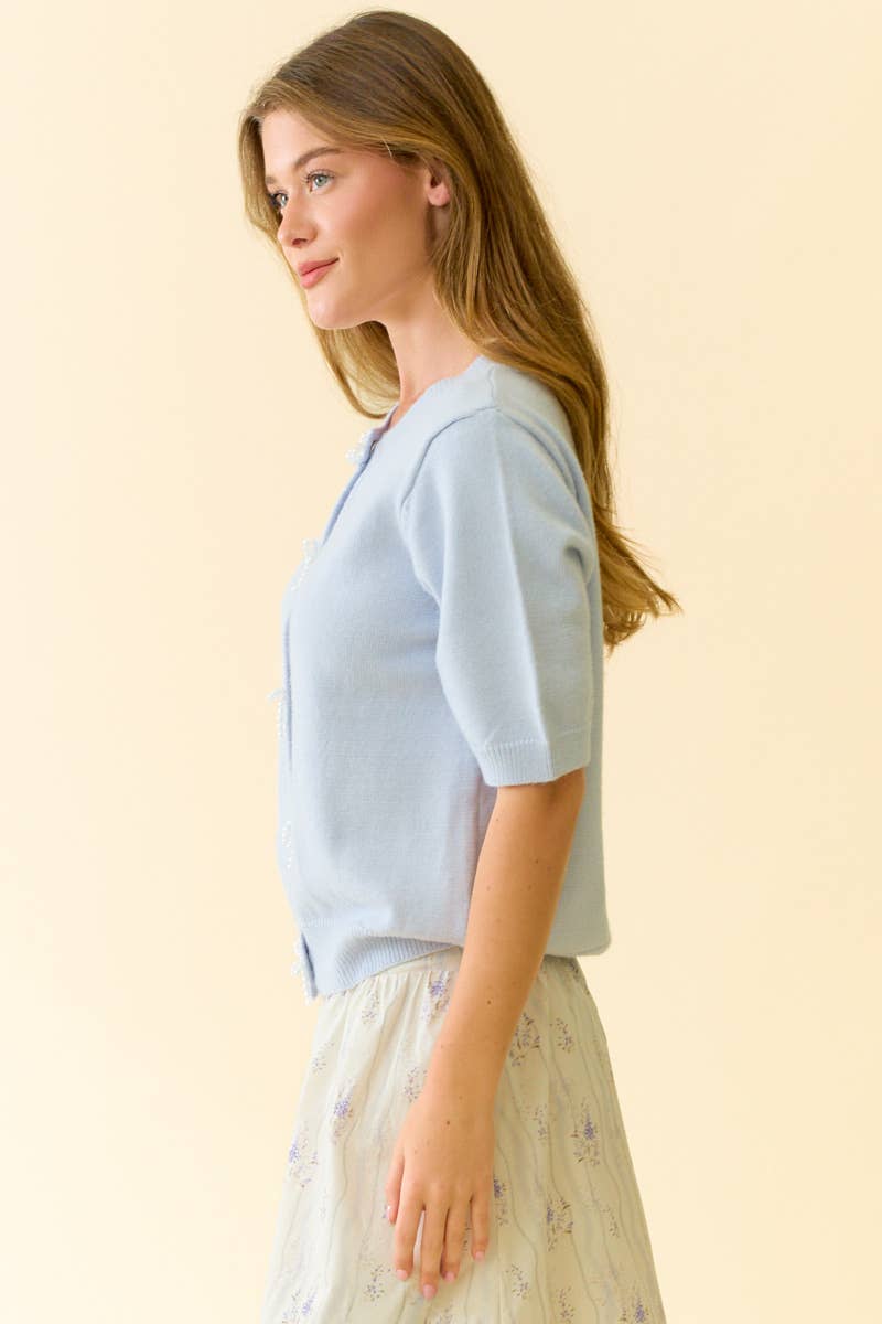 JACKIE PEARL BOW BUTTON CARDIGAN