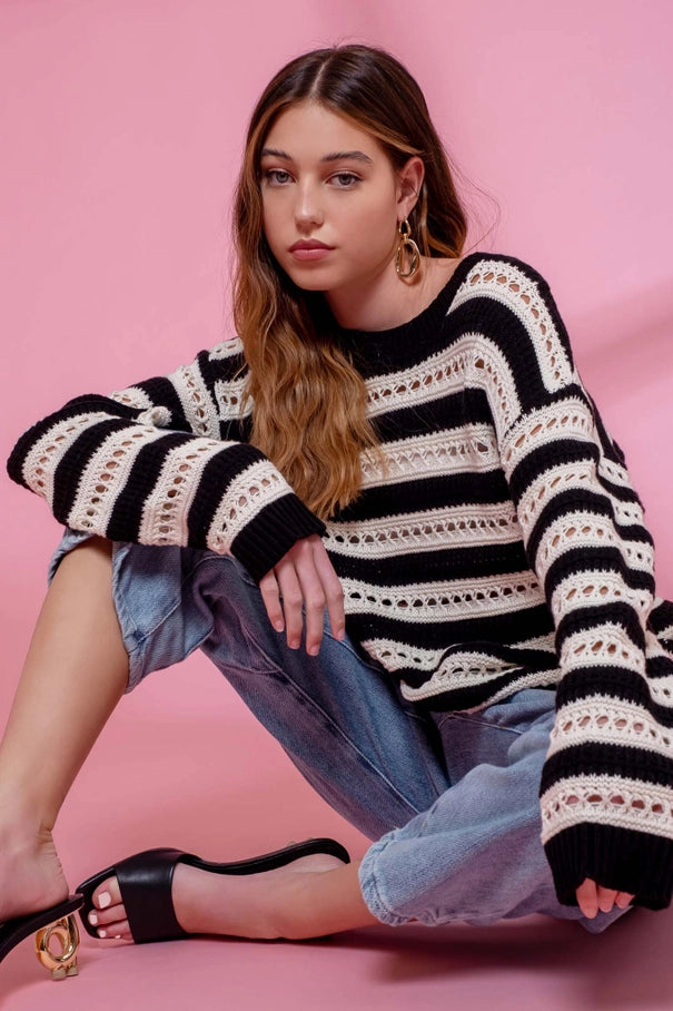 Striped Eyelet Knit Pullover Sweater