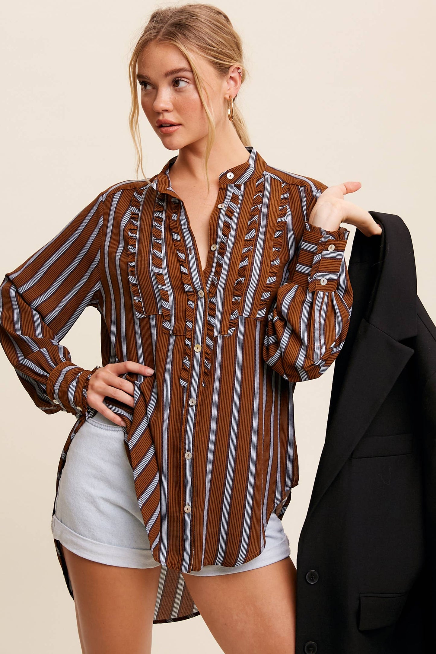 Ruffled Stripe Button-Up Shirt