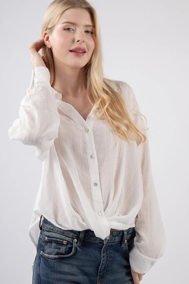 Oversized Sheer Textured Woven Shirt Blouse Top