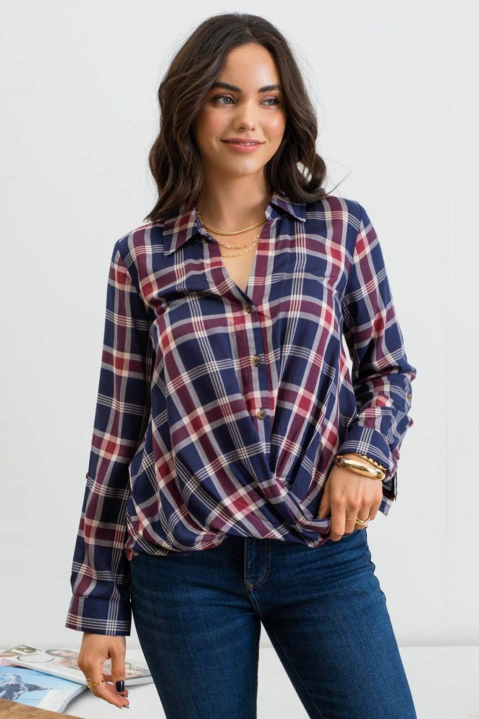 PLAID WRAP FRONT TOP
